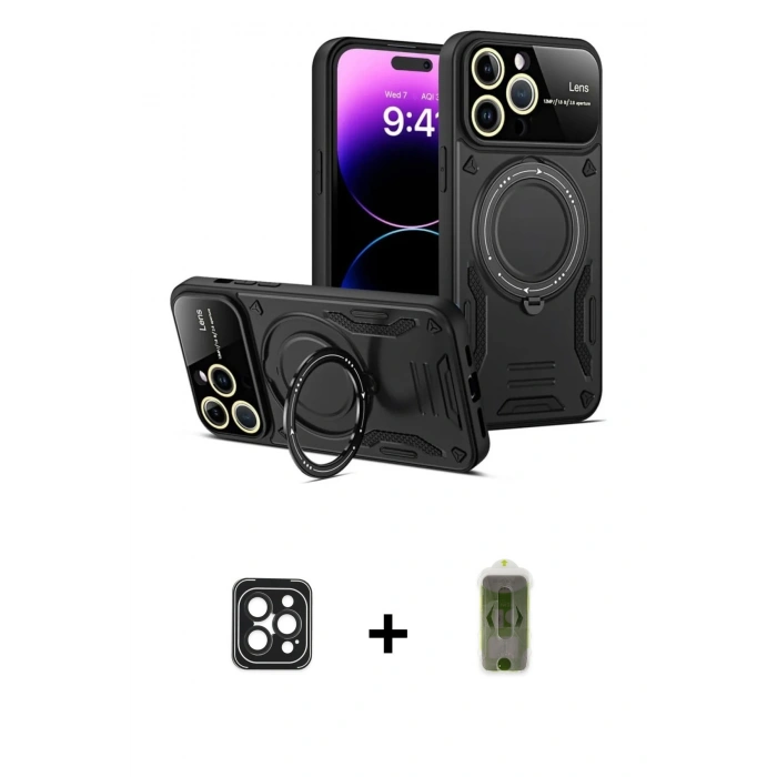 MARSİLYAN™- iPhone 16 Pro Max Kılıf Kıvılcım Modern Serisi - Siyah Joko Magic 5D Hayalet Cam + PVD Metal Kamera Lens - SH