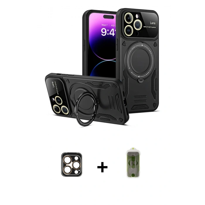 MARSİLYAN™- iPhone 16 Pro Max Kılıf Kıvılcım Modern Serisi - Siyah Joko Magic 5D Hayalet Cam + PVD Metal Kamera Lens - GD