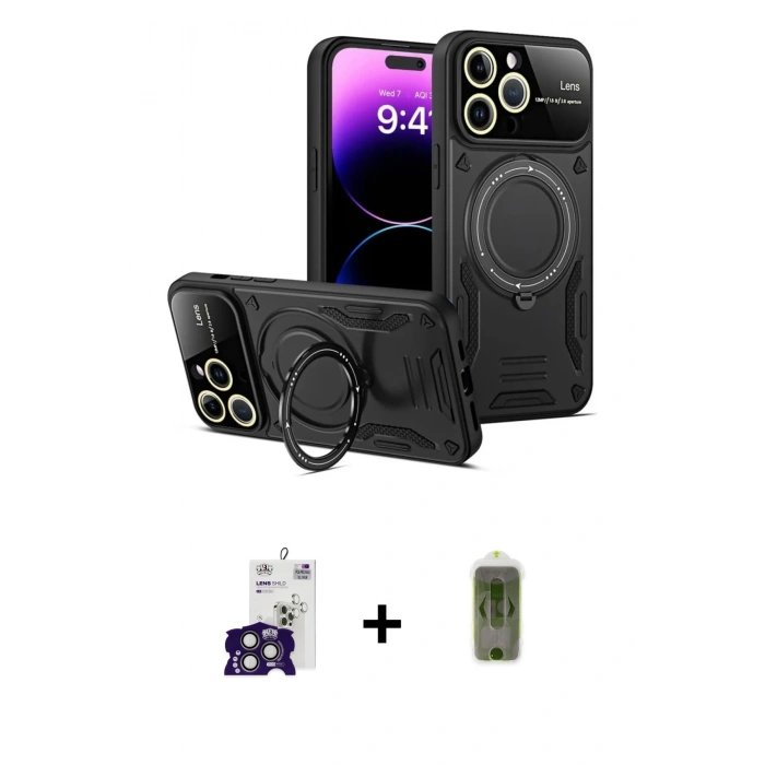 MARSİLYAN™- iPhone 16 Pro Max Kılıf Kıvılcım Modern Serisi - Siyah Joko Magic 5D Hayalet Cam + Titanyum Gri Bilvis Titan Kamera Lens
