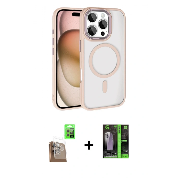 MARSİLYAN™- iPhone 16 Pro Max Kılıf Kıvılcım Prime - Şeffaf 360 Full Body Arka Koruyucu + Çöl Titanyum Raze Metal Kamera Lens