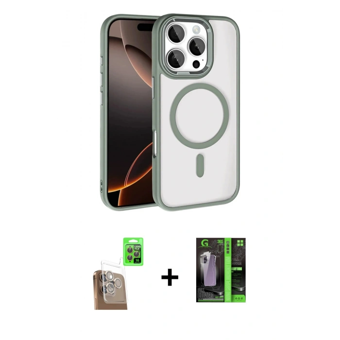 MARSİLYAN™- iPhone 16 Pro Max Kılıf Kıvılcım Prime - Şeffaf 360 Full Body Arka Koruyucu + Çöl Titanyum Raze Metal Kamera Lens