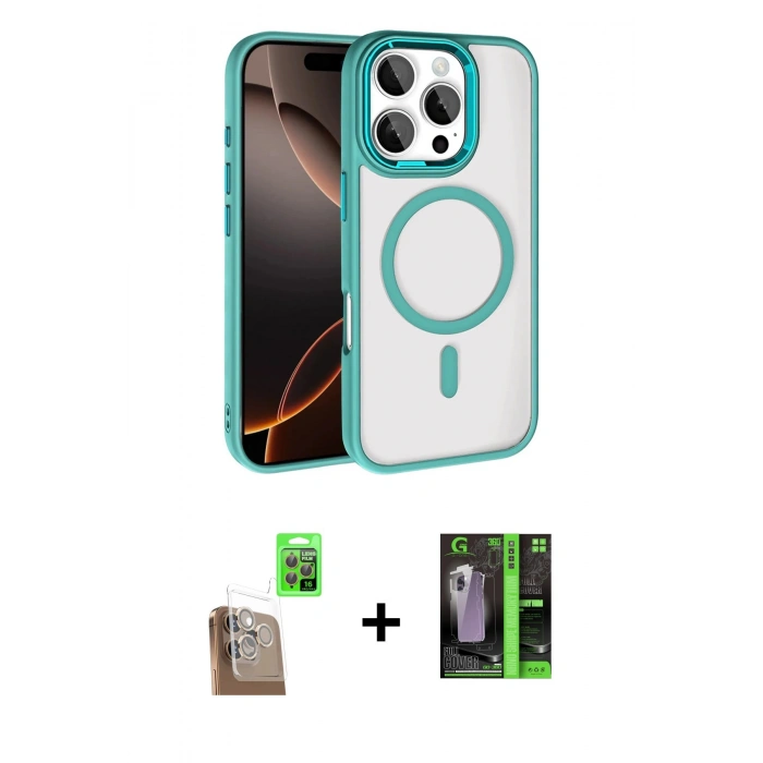 MARSİLYAN™- iPhone 16 Pro Max Kılıf Kıvılcım Prime - Şeffaf 360 Full Body Arka Koruyucu + Çöl Titanyum Raze Metal Kamera Lens