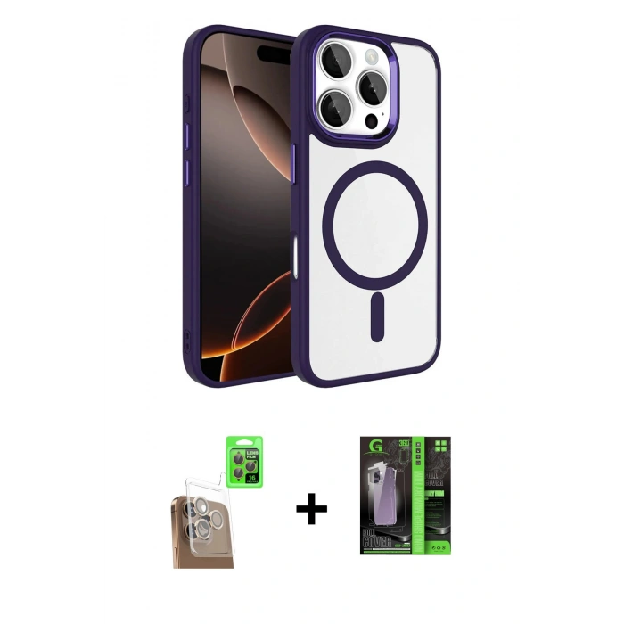 MARSİLYAN™- iPhone 16 Pro Max Kılıf Kıvılcım Prime - Şeffaf 360 Full Body Arka Koruyucu + Çöl Titanyum Raze Metal Kamera Lens