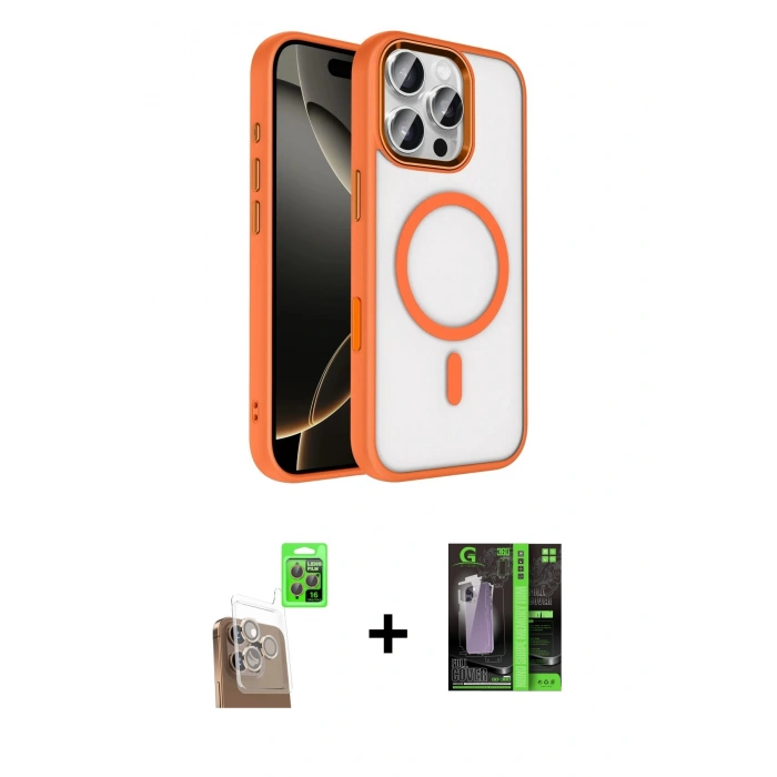 MARSİLYAN™- iPhone 16 Pro Max Kılıf Kıvılcım Prime - Şeffaf 360 Full Body Arka Koruyucu + Çöl Titanyum Raze Metal Kamera Lens