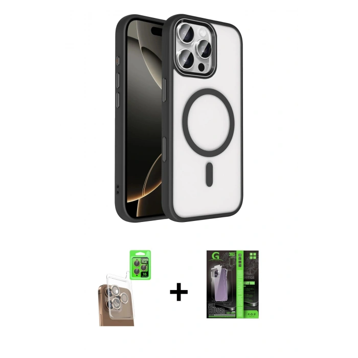 MARSİLYAN™- iPhone 16 Pro Max Kılıf Kıvılcım Prime - Şeffaf 360 Full Body Arka Koruyucu + Çöl Titanyum Raze Metal Kamera Lens