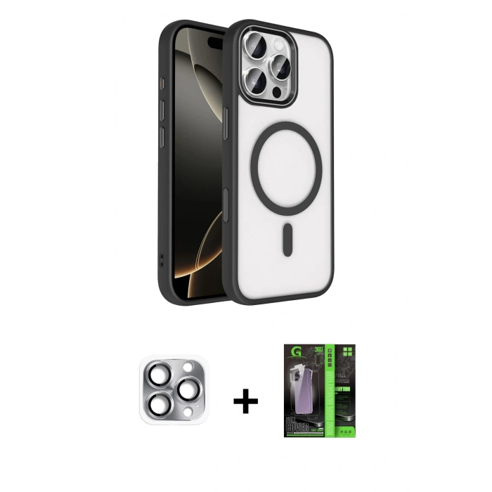 MARSİLYAN™- iPhone 16 Pro Max Kılıf Kıvılcım Prime - Şeffaf 360 Full Body Arka Koruyucu + Pers Alüminyum Kamera Lens - GI