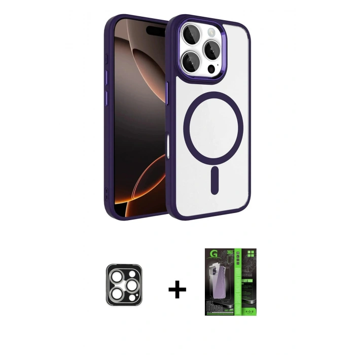 MARSİLYAN™- iPhone 16 Pro Max Kılıf Kıvılcım Prime - Şeffaf 360 Full Body Arka Koruyucu + PVD Metal Kamera Lens - GS