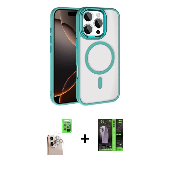 MARSİLYAN™- iPhone 16 Pro Max Kılıf Kıvılcım Prime - Şeffaf 360 Full Body Arka Koruyucu + Natural Grey Raze Metal Kamera Lens