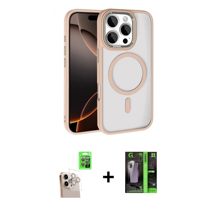 MARSİLYAN™- iPhone 16 Pro Max Kılıf Kıvılcım Prime - Şeffaf 360 Full Body Arka Koruyucu + Natural Grey Raze Metal Kamera Lens