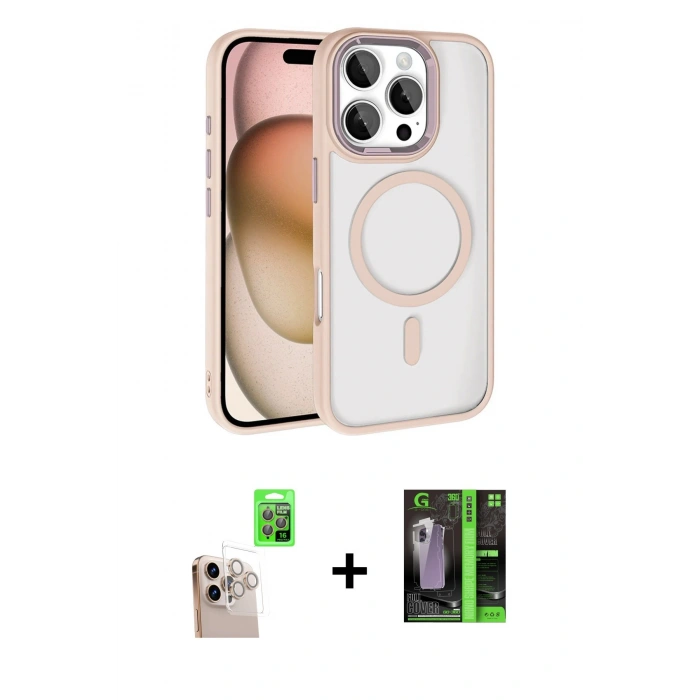 MARSİLYAN™- iPhone 16 Pro Max Kılıf Kıvılcım Prime - Şeffaf 360 Full Body Arka Koruyucu + Natural Grey Raze Metal Kamera Lens