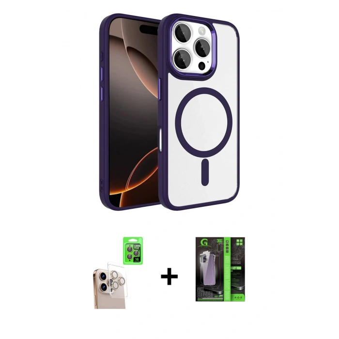 MARSİLYAN™- iPhone 16 Pro Max Kılıf Kıvılcım Prime - Şeffaf 360 Full Body Arka Koruyucu + Natural Grey Raze Metal Kamera Lens