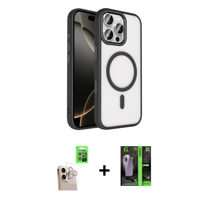 MARSİLYAN™- iPhone 16 Pro Max Kılıf Kıvılcım Prime - Şeffaf 360 Full Body Arka Koruyucu + Natural Grey Raze Metal Kamera Lens
