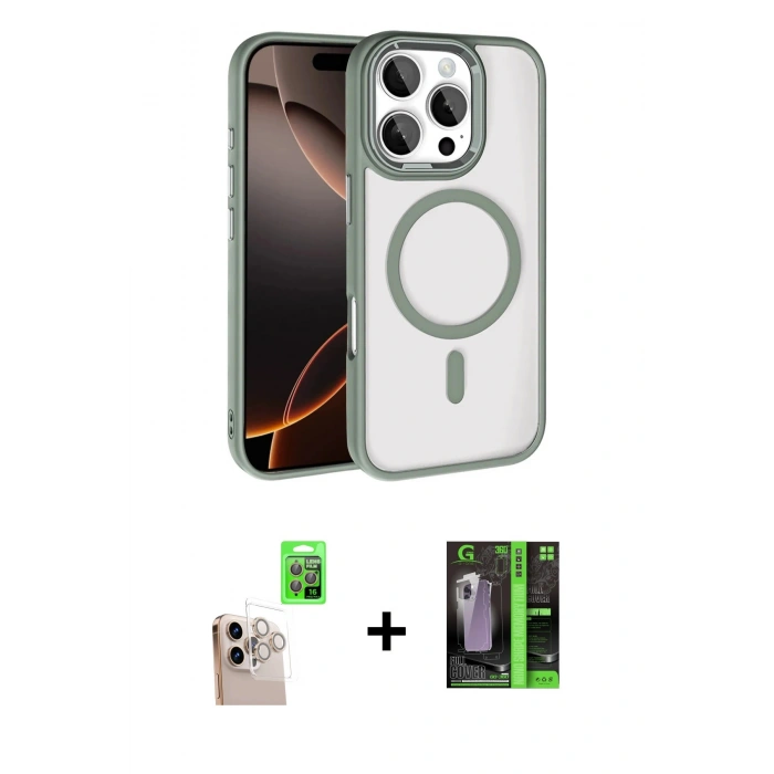 MARSİLYAN™- iPhone 16 Pro Max Kılıf Kıvılcım Prime - Şeffaf 360 Full Body Arka Koruyucu + Natural Grey Raze Metal Kamera Lens