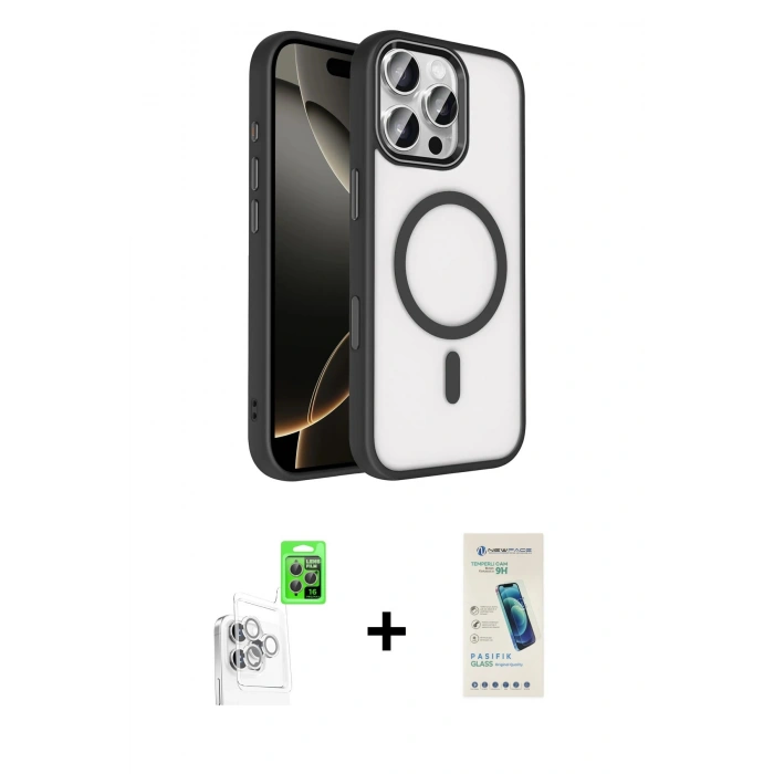 MARSİLYAN™- iPhone 16 Pro Max Kılıf Kıvılcım Prime - Şeffaf Pasifik Cam Ekran Koruyucu + Raze Metal Kamera Lens - BZ