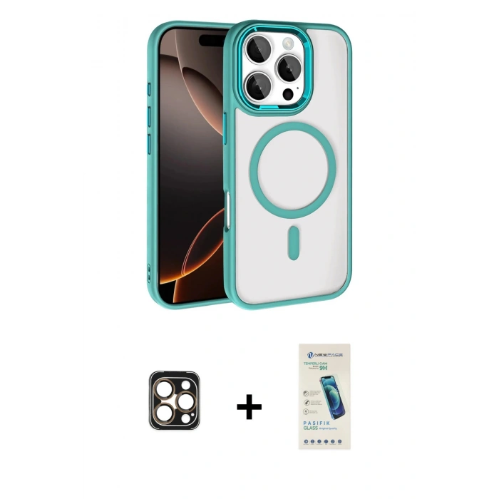 MARSİLYAN™- iPhone 16 Pro Max Kılıf Kıvılcım Prime - Şeffaf Pasifik Cam Ekran Koruyucu + PVD Metal Kamera Lens - GD