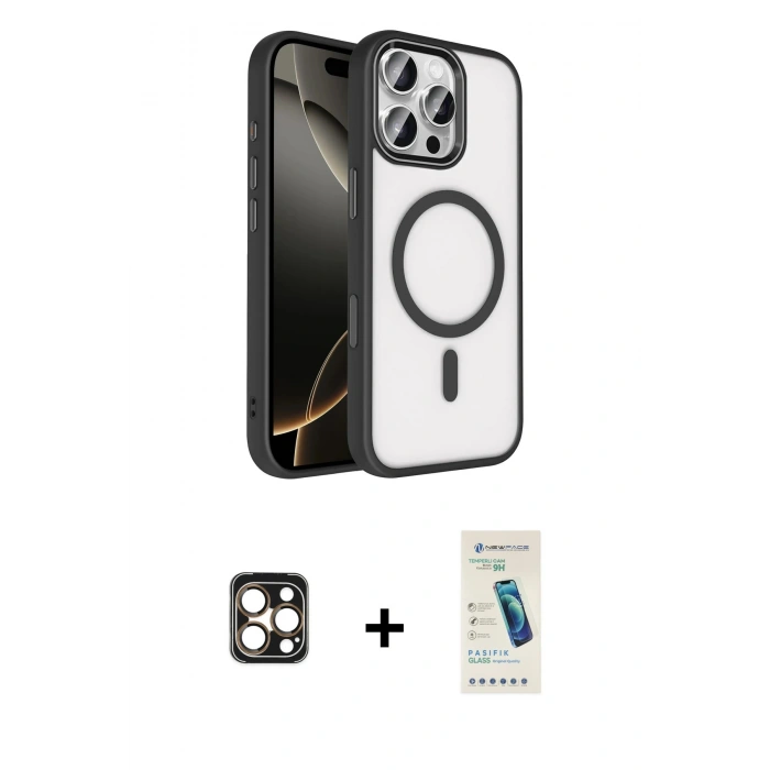 MARSİLYAN™- iPhone 16 Pro Max Kılıf Kıvılcım Prime - Şeffaf Pasifik Cam Ekran Koruyucu + PVD Metal Kamera Lens - GD