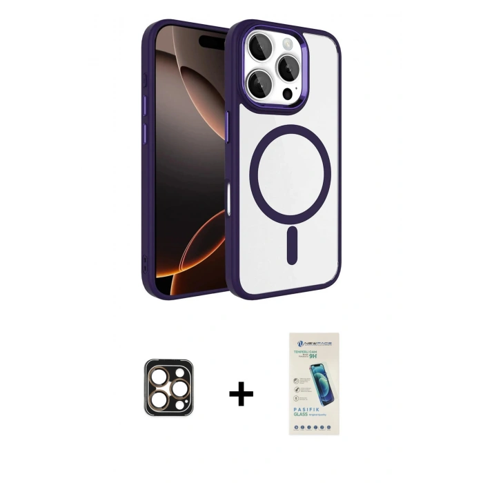 MARSİLYAN™- iPhone 16 Pro Max Kılıf Kıvılcım Prime - Şeffaf Pasifik Cam Ekran Koruyucu + PVD Metal Kamera Lens - GD