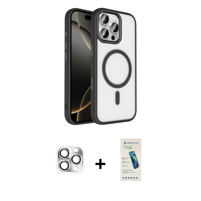 MARSİLYAN™- iPhone 16 Pro Max Kılıf Kıvılcım Prime - Şeffaf Pasifik Cam Ekran Koruyucu + Pers Alüminyum Kamera Lens - GS