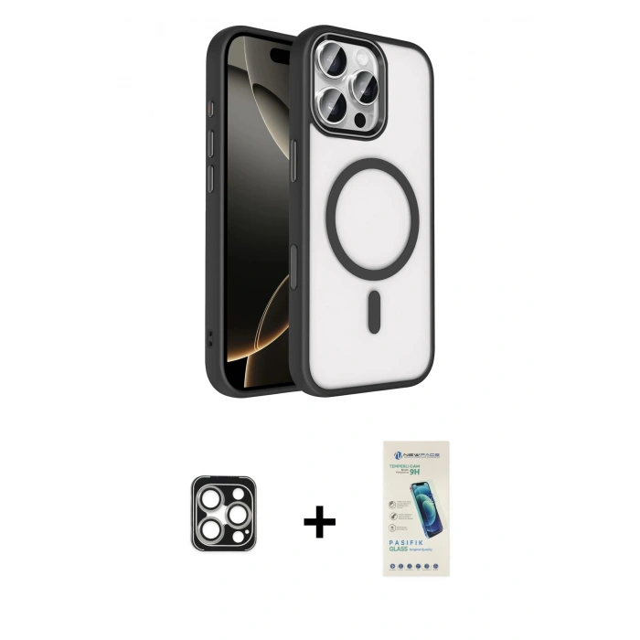 MARSİLYAN™- iPhone 16 Pro Max Kılıf Kıvılcım Prime - Şeffaf Pasifik Cam Ekran Koruyucu + PVD Metal Kamera Lens - GS