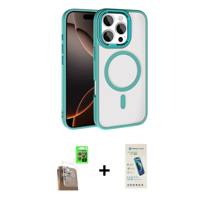 MARSİLYAN™- iPhone 16 Pro Max Kılıf Kıvılcım Prime - Şeffaf Pasifik Cam Ekran Koruyucu + Raze Metal Kamera Lens - CLTM