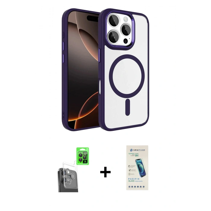 MARSİLYAN™- iPhone 16 Pro Max Kılıf Kıvılcım Prime - Şeffaf Pasifik Cam Ekran Koruyucu + Raze Metal Kamera Lens - SH