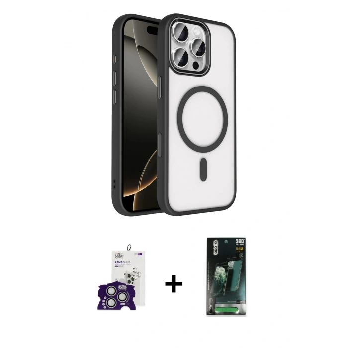 MARSİLYAN™- iPhone 16 Pro Max Kılıf Kıvılcım Prime - Siyah 360 Mat Full Body Arka Koruyucu + Bilvis Titan Kamera Lens - GS