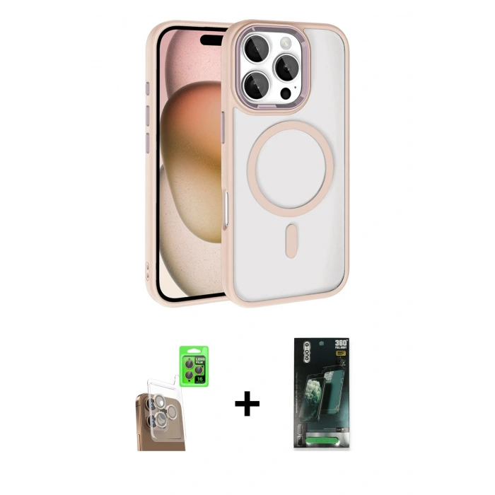 MARSİLYAN™- iPhone 16 Pro Max Kılıf Kıvılcım Prime - Siyah 360 Mat Full Body Arka Koruyucu + Çöl Titanyum Raze Metal Kamera Lens