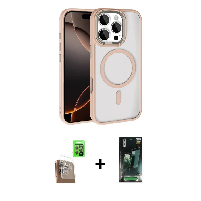 MARSİLYAN™- iPhone 16 Pro Max Kılıf Kıvılcım Prime - Siyah 360 Mat Full Body Arka Koruyucu + Çöl Titanyum Raze Metal Kamera Lens