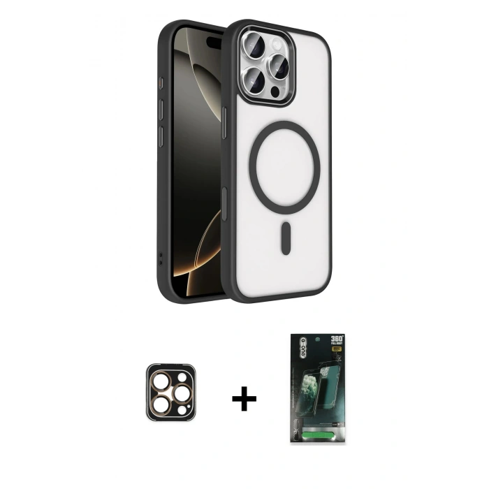 MARSİLYAN™- iPhone 16 Pro Max Kılıf Kıvılcım Prime - Siyah 360 Mat Full Body Arka Koruyucu + PVD Metal Kamera Lens - GD