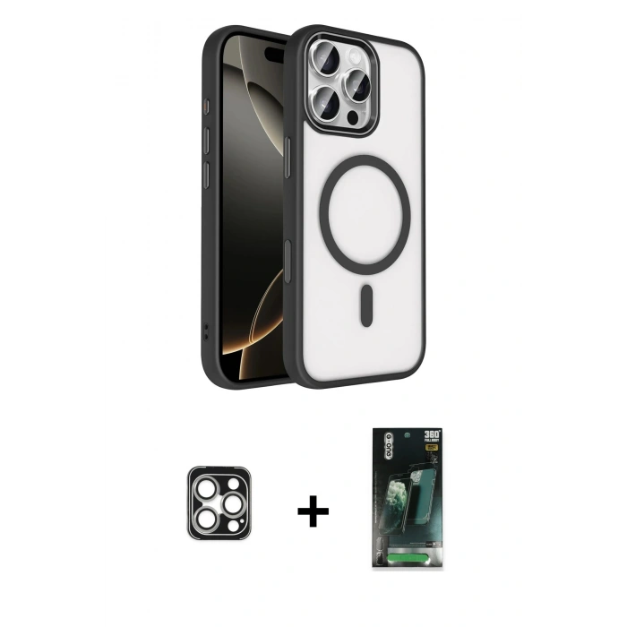 MARSİLYAN™- iPhone 16 Pro Max Kılıf Kıvılcım Prime - Siyah 360 Mat Full Body Arka Koruyucu + PVD Metal Kamera Lens - GS