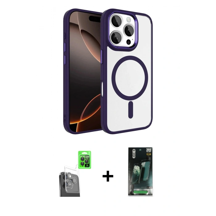 MARSİLYAN™- iPhone 16 Pro Max Kılıf Kıvılcım Prime - Siyah 360 Mat Full Body Arka Koruyucu + Siyah Raze Metal Kamera Lens