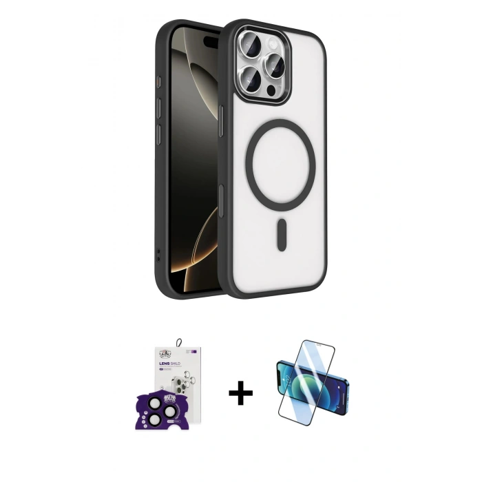 MARSİLYAN™- iPhone 16 Pro Max Kılıf Kıvılcım Prime - Siyah 3D Antistatik Cam Ekran Koruyucu + Bilvis Titan Kamera Lens - SH