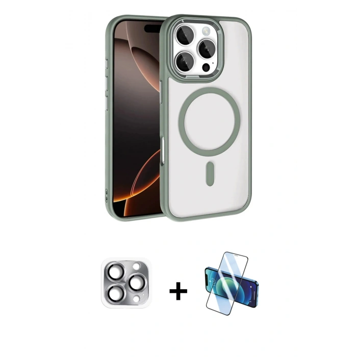 MARSİLYAN™- iPhone 16 Pro Max Kılıf Kıvılcım Prime - Siyah 3D Antistatik Cam Ekran Koruyucu + Pers Alüminyum Kamera Lens - GI