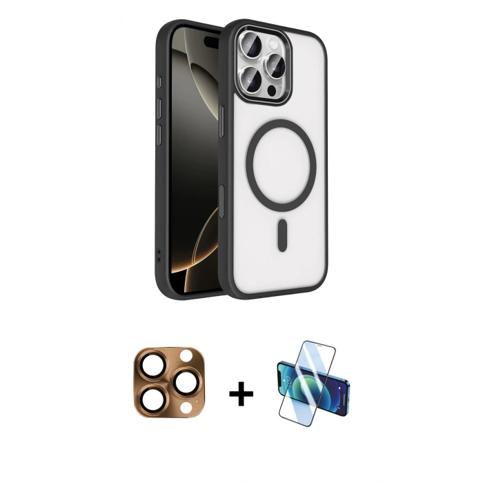 MARSİLYAN™- iPhone 16 Pro Max Kılıf Kıvılcım Prime - Siyah 3D Antistatik Cam Ekran Koruyucu + Pers Alüminyum Kamera Lens - CLTM