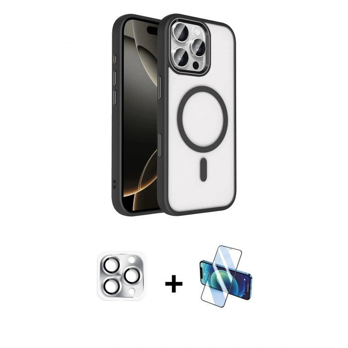MARSİLYAN™- iPhone 16 Pro Max Kılıf Kıvılcım Prime - Siyah 3D Antistatik Cam Ekran Koruyucu + Pers Alüminyum Kamera Lens - GS