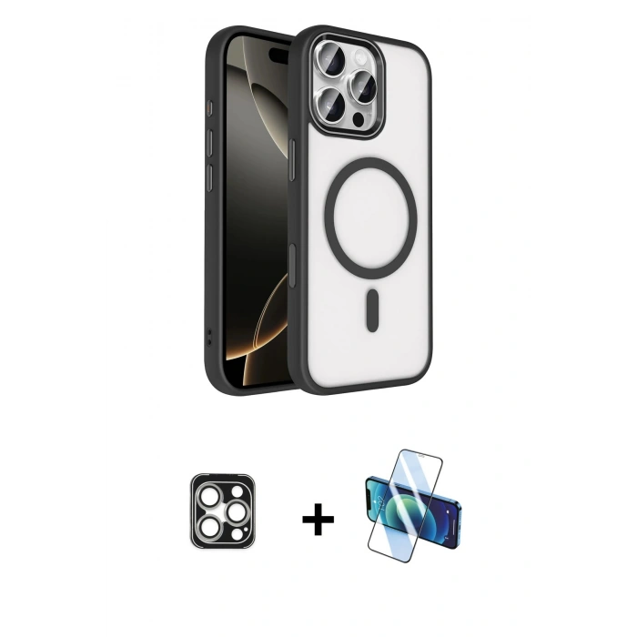 MARSİLYAN™- iPhone 16 Pro Max Kılıf Kıvılcım Prime - Siyah 3D Antistatik Cam Ekran Koruyucu + PVD Metal Kamera Lens - GS