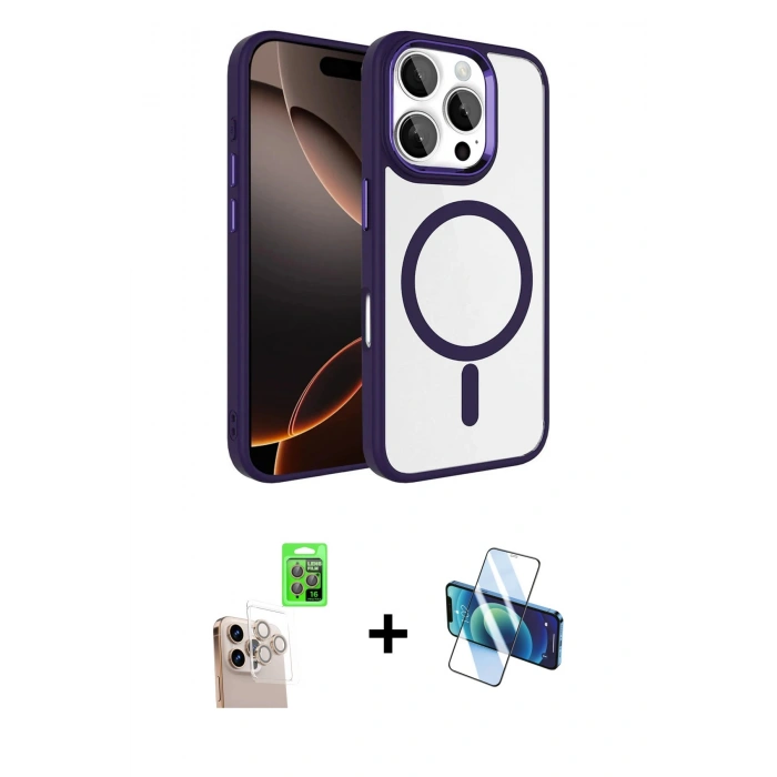 MARSİLYAN™- iPhone 16 Pro Max Kılıf Kıvılcım Prime - Siyah 3D Antistatik Cam Ekran Koruyucu + Raze Metal Kamera Lens - NLGY