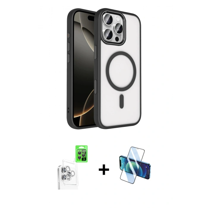MARSİLYAN™- iPhone 16 Pro Max Kılıf Kıvılcım Prime - Siyah 3D Antistatik Cam Ekran Koruyucu + Raze Metal Kamera Lens - BZ