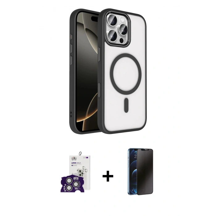 MARSİLYAN™- iPhone 16 Pro Max Kılıf Kıvılcım Prime - Siyah 3D Antistatik Hayalet Cam Ekran Koruyucu + Bilvis Titan Kamera Lens - GS