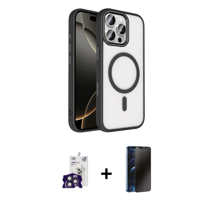 MARSİLYAN™- iPhone 16 Pro Max Kılıf Kıvılcım Prime - Siyah 3D Antistatik Hayalet Cam Ekran Koruyucu + Bilvis Titan Kamera Lens - TMGI