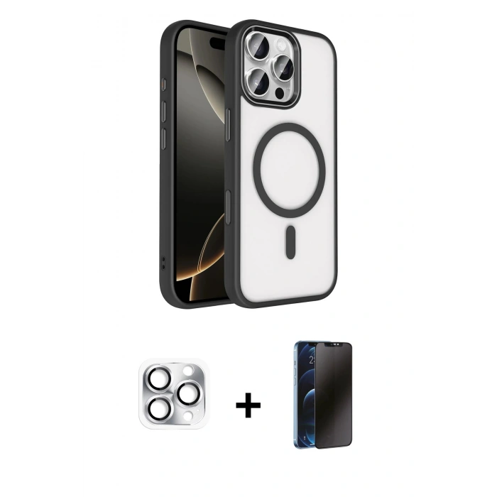 MARSİLYAN™- iPhone 16 Pro Max Kılıf Kıvılcım Prime - Siyah 3D Antistatik Hayalet Cam Ekran Koruyucu + Pers Alüminyum Kamera Lens - GS