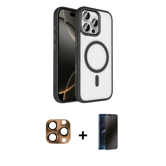 MARSİLYAN™- iPhone 16 Pro Max Kılıf Kıvılcım Prime - Siyah 3D Antistatik Hayalet Cam Ekran Koruyucu + Pers Alüminyum Kamera Lens - CLTM