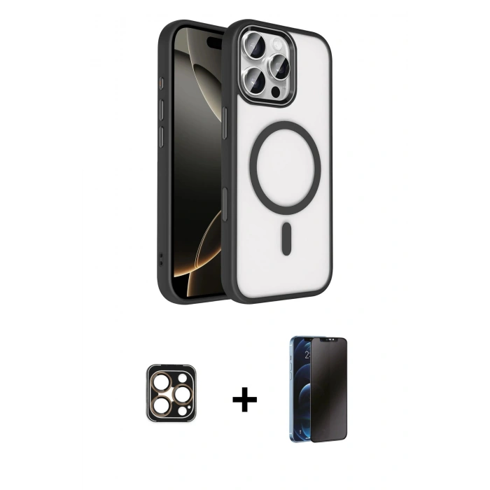 MARSİLYAN™- iPhone 16 Pro Max Kılıf Kıvılcım Prime - Siyah 3D Antistatik Hayalet Cam Ekran Koruyucu + PVD Metal Kamera Lens - GD