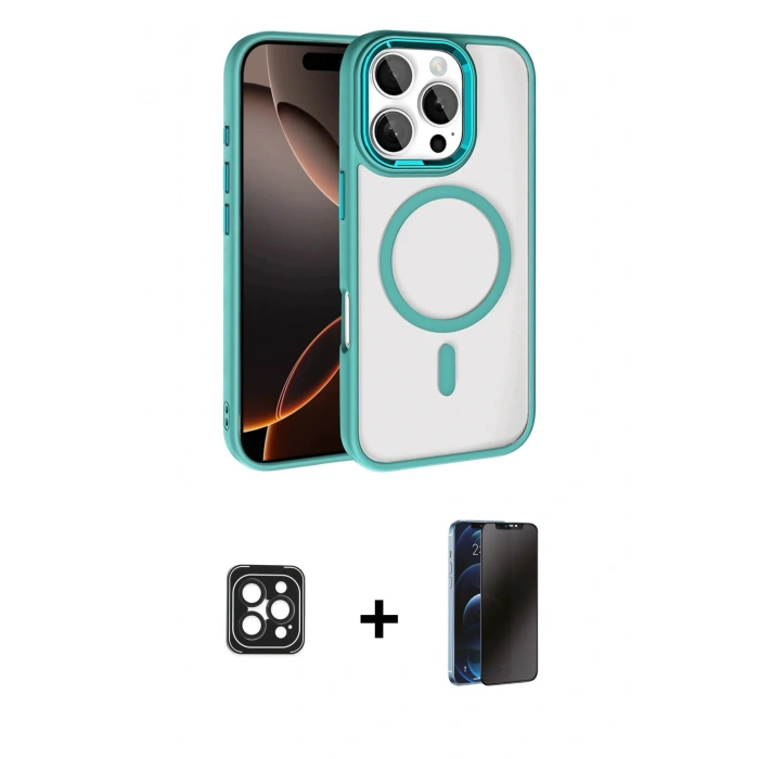MARSİLYAN™- iPhone 16 Pro Max Kılıf Kıvılcım Prime - Siyah 3D Antistatik Hayalet Cam Ekran Koruyucu + PVD Metal Kamera Lens - SH