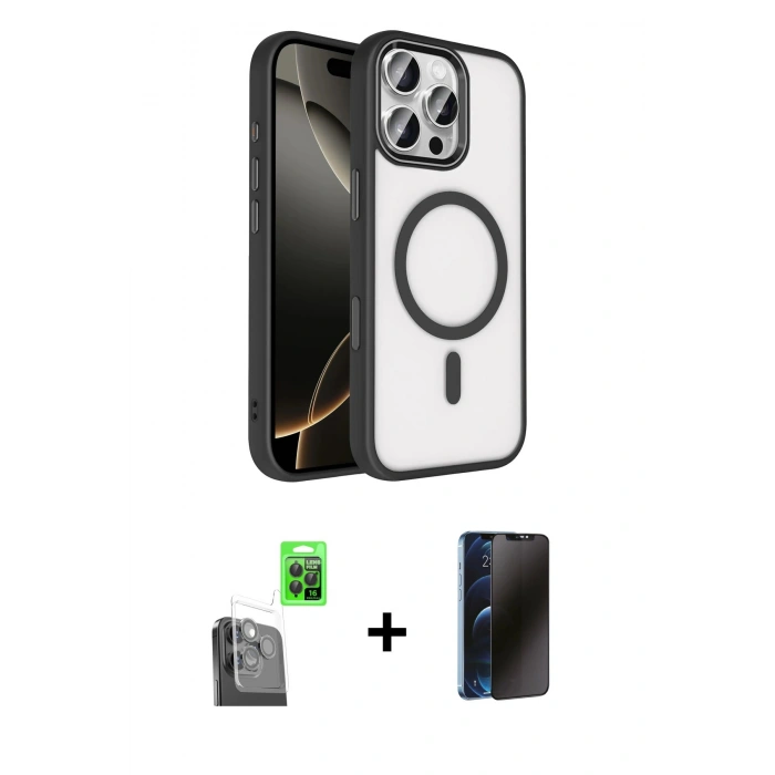 MARSİLYAN™- iPhone 16 Pro Max Kılıf Kıvılcım Prime - Siyah 3D Antistatik Hayalet Cam Ekran Koruyucu + Raze Metal Kamera Lens - SH