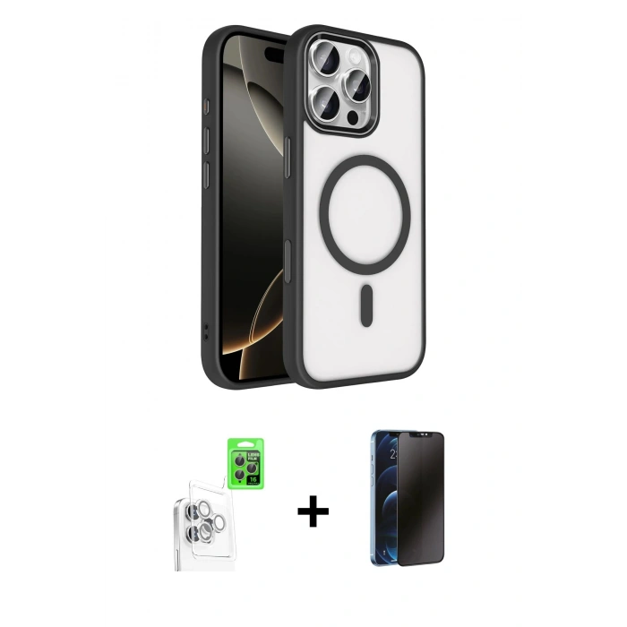 MARSİLYAN™- iPhone 16 Pro Max Kılıf Kıvılcım Prime - Siyah 3D Antistatik Hayalet Cam Ekran Koruyucu + Raze Metal Kamera Lens - BZ