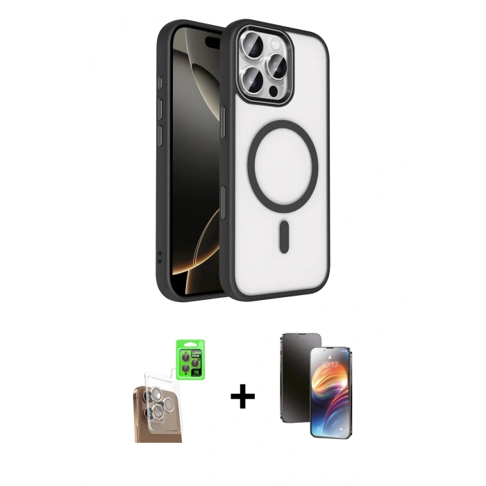MARSİLYAN™- iPhone 16 Pro Max Kılıf Kıvılcım Prime - Siyah 3D Antistatik Mat Seramik Nano Ekran Koruyucu + Raze Metal Kamera Lens - CLTM