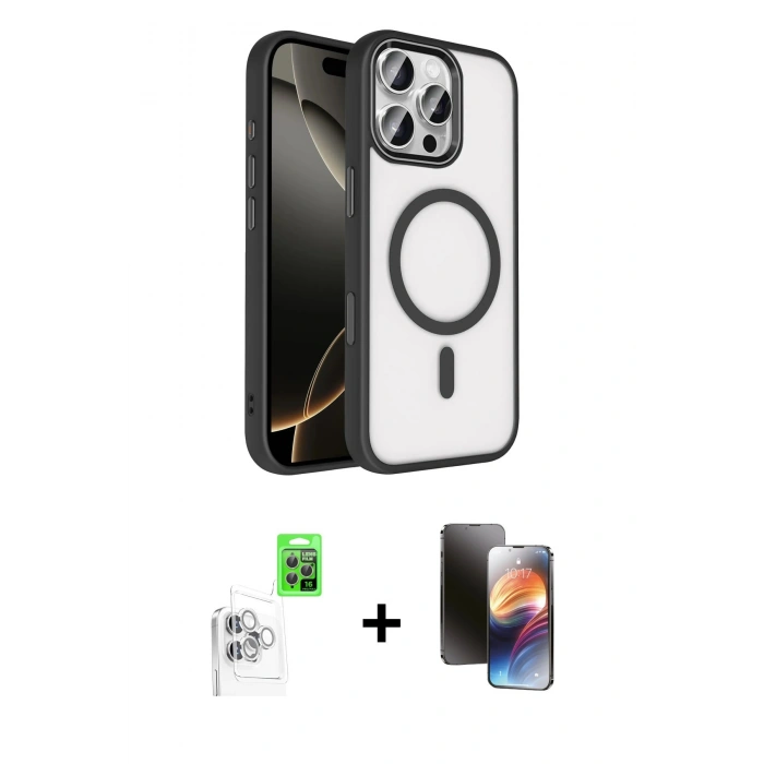 MARSİLYAN™- iPhone 16 Pro Max Kılıf Kıvılcım Prime - Siyah 3D Antistatik Mat Seramik Nano Ekran Koruyucu + Raze Metal Kamera Lens - BZ