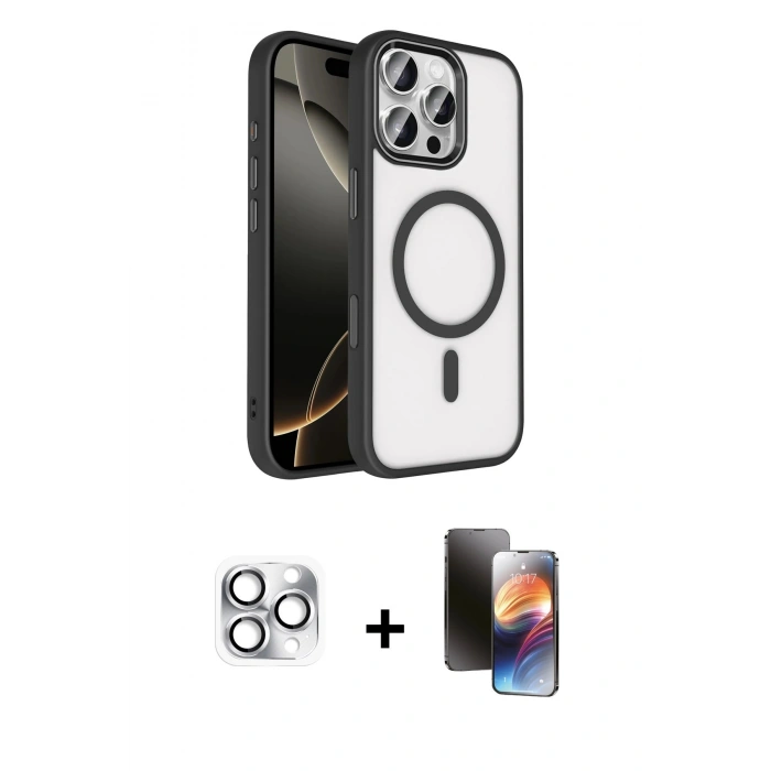 MARSİLYAN™- iPhone 16 Pro Max Kılıf Kıvılcım Prime - Siyah 3D Antistatik Mat Seramik Nano Ekran Koruyucu + Pers Alüminyum Kamera Lens - GS