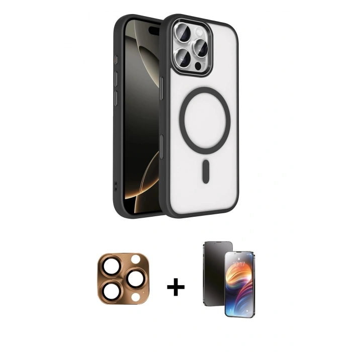 MARSİLYAN™- iPhone 16 Pro Max Kılıf Kıvılcım Prime - Siyah 3D Antistatik Mat Seramik Nano Ekran Koruyucu + Çöl Titanyum Pers Alüminyum Kamera Lens